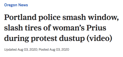 Portland police smash window, slash tires of woman’s Prius during protest dustup.